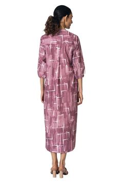 Onion pink midi dress with side pockets and all over geometric prints. - Aza Fashions Pink Maxi Dress With Pockets, Pink Knee-length Midi Dress With Pockets, Pink Dress With Side Pockets, Onion Pink, Midi Dress For Women, Chinese Collar, Geometric Prints, Pink Midi Dress, Printed Midi Dress