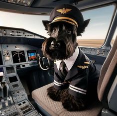 a small dog wearing a pilot's uniform sitting in the cockpit of an airplane