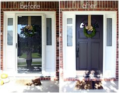 before and after photos of a front door with wreaths on it, the doors are painted black