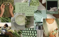 a collage of photos with green and white items in them, including a woman's hand holding a camera