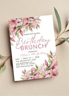 a birthday card with pink flowers and greenery