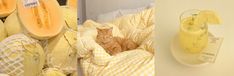 a cat sitting in a chair next to a pile of bananas and watermelon