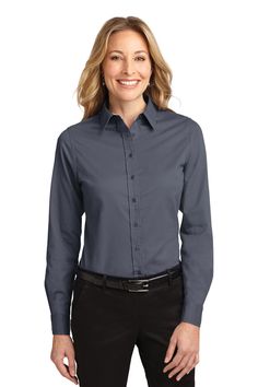 Port Authority ® Ladies Long Sleeve Easy Care Shirt. L608 - STEEL GREY/ LIGHT STONE - S | Port Authority L608 Women's Long Sleeve Easy Care Shirt in Steel Gray/Light Stone Size Small | Cotton/Polyester Blend Mediterranean Blue, Orange Texas, Port Authority, Work Wear Women, Woven Dress, Long Sleeve Shirt Dress, Work Shirts, Office Outfits, The Professional