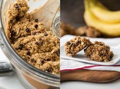 two pictures side by side one has granola and the other has bananas