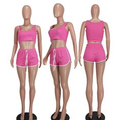 Solid Color Sportswear Ribbed Two Piece Shorts Set Pink Sporty Activewear For Leisure, Summer Stretch Activewear For Leisure, Summer Leisure Stretch Activewear, Pink Sportswear Bottoms For Leisure, Pink Athleisure Activewear For Leisure, Sporty Spring Leisure Activewear, Spring Sporty Leisure Activewear, Solid Color Activewear For Leisure In Spring, Athleisure Shorts For Leisure In Sports Season