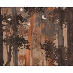 an area rug with trees and birds in the woods on brown, beige, and tan colors