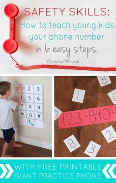 a collage of different activities for kids to do with phone numbers and the words, safety skills how to teach young kids your phone number in easy steps