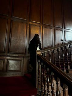 a person standing at the top of a stair case next to a red carpeted staircase