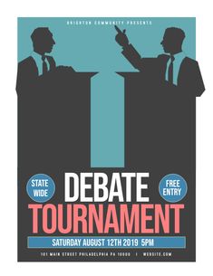 a poster for the debate tournament with two men in suits and ties standing at podiums