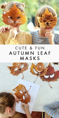 two children making masks out of leaves with text overlay that reads cute and fun autumn leaf masks