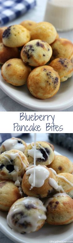 blueberry pancake bites with icing on top and in the middle, sitting on a white plate