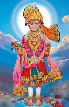 the hindu god is holding flowers in his hand and standing on a cloud - filled sky background