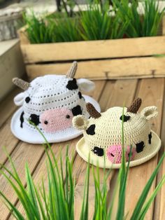 two crocheted cow hats sitting on top of a wooden table next to green plants