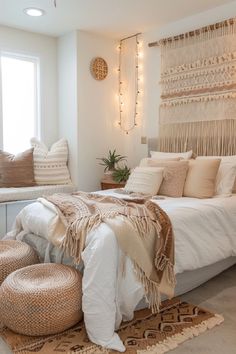 a bedroom with white walls and neutral decor