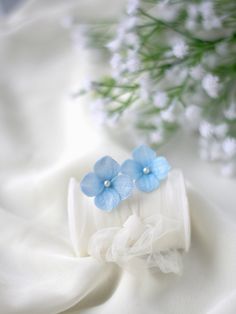 two blue flowers are sitting on a white cloth