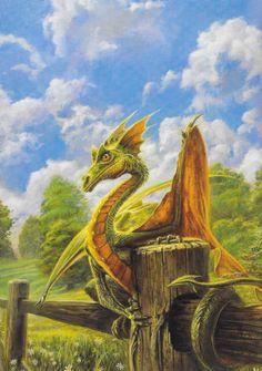 a painting of a dragon sitting on top of a wooden post