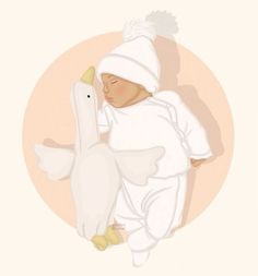 a baby is holding a large white bird