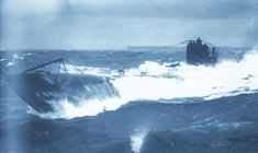 an old photo of a ship in the ocean with waves crashing around it and people standing on top of it