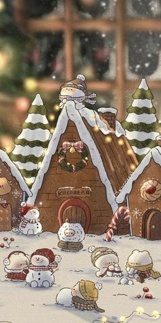 an animated christmas scene with snowmen and gingerbread houses