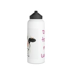 a white water bottle with a black lid and a cow on it's side