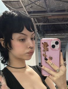 Unique Short Hairstyles, Curly Mullet Shaved Sides, Goth Hair Short, Long Hair Baby Bangs, Short Alternative Haircuts, Pixie Cut Hairstyles, Dyed Hair Inspiration