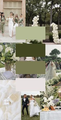 a collage of wedding photos with white flowers and greenery