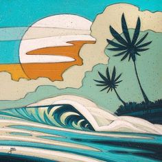 a painting of palm trees and waves in the ocean