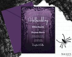 a purple and black wedding card with a spider on it