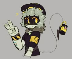 a drawing of a black and white cat with yellow eyes holding a microphone in her hand