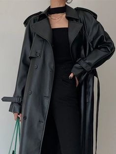 Long Grey Pu Leather Trench Coat - Golden Atelier Stylish Coat, Y2k Aesthetic Outfits, Leather Trench, Trench Coat Black, Leather Trench Coat, Trench Coats Women, Aesthetic Outfits, Leather Coat, Long Coat