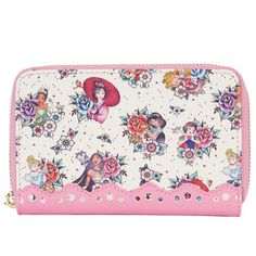 Princess power is in full bloom. Take the strength and charm of the Disney Princesses with you wherever you go with this Disney Princess Floral Tattoo Zip Around Wallet. A classic tattoo style rose debossed motif punctuates the cream-colored background on the wallet. The following Disney princesses can be found among the flowers: Mulan, Cinderella, Snow White, Belle, Moana, Aurora, Ariel, and Tiana. Pink accents in lacey details, fashioned from vegan suede, frame the motif. This wallet is the pe Disney Princess Tattoo, Princess Tattoo, Disney Loungefly, Disney Charms, Zip Purse, Classic Tattoo, Printed Purse, Loungefly Disney, Disney Tattoos