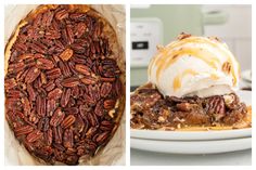 two pictures one with pecans and the other with ice cream on top in front of a pie