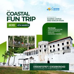 an advertisement for the coastal fun trip with images of buildings and people walking around it