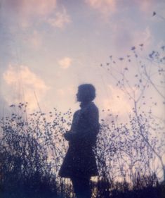 the silhouette of a woman standing in front of tall grass and trees with blue sky behind her