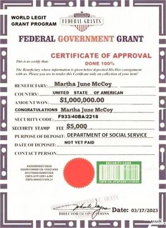 a certificate for the federal government grant