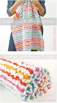 crochet rainbow ruffle blanket is shown in three different colors, and it has the words rainbow ruffle blanket written below