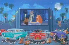 an animated movie scene with many cars and dogs in front of the screen, including lady and the tramp