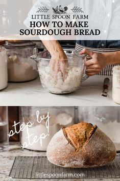 the process for making sourdough bread is shown in three different stages, including one being