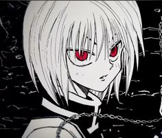 an anime character with red eyes and white hair holding a chain in front of his face