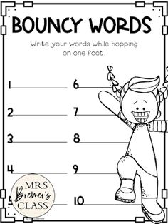 the worksheet for bouncy words is shown in black and white, with numbers