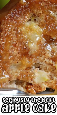 a piece of cake sitting on top of a pan covered in caramel toppings