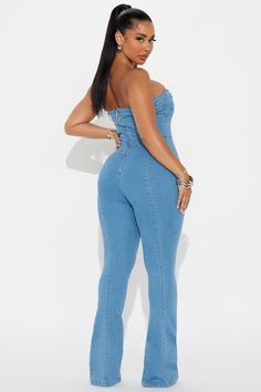 Available In Dark Wash And Medium Wash. Denim Jumpsuit Strapless Straight Back Zipper Flare Leg Stretch Inseam= 34" Self: 56% Cotton 22% Polyester 20% Rayon 2% Spandex Imported | Don't Mention This Denim Jumpsuit in Medium Wash size XS by Fashion Nova Blue Denim High-waist Strapless Jumpsuit, Casual Medium Wash Strapless Jumpsuit, Casual Fitted Denim Blue Strapless Jumpsuit, Casual High-rise Fitted Strapless Jumpsuit, Summer Fitted Denim Blue Strapless Jumpsuit, Summer Denim Blue Strapless Jumpsuit, Fitted Denim Blue Strapless Jumpsuit For Summer, Stretch Denim Blue Denim Jumpsuit, Stretch Denim Blue Jumpsuit