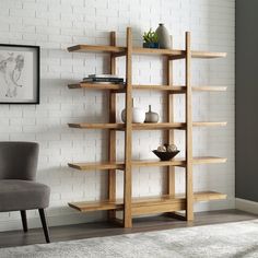 a wooden shelf with several shelves on it in front of a white brick wall and gray chair