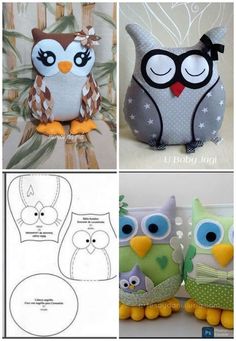 four different pictures of stuffed animals and one has an owl