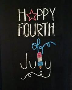 chalk writing on a blackboard that says happy fourth of july with an ice cream cone