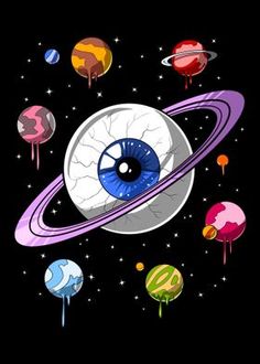 an eyeball surrounded by planets and stars