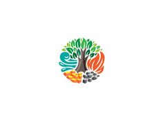 a tree with leaves and other things around it on a white background, logo design