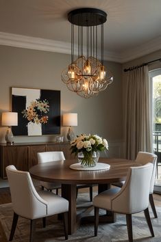 a dining room table with chairs and a chandelier hanging from it's ceiling