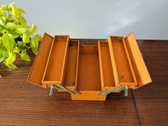 an orange box is sitting on a wooden table next to a potted green plant