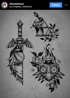 some tattoos that are on the back of a cell phone, one with a skull and two